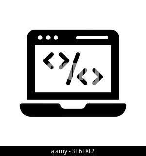 Laptop displaying coding symbols, representing programming and web development Stock Vector