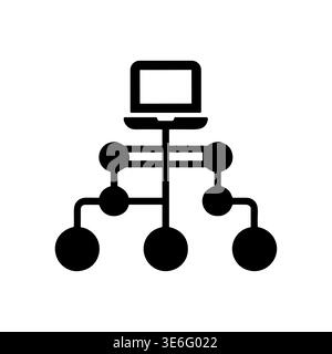 Network Diagram Icon Featuring Laptop and Connected Nodes, Black Silhouette Stock Vector