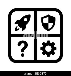 Application features glyph icons: Rocket, shield, question mark, and gear. Stock Vector