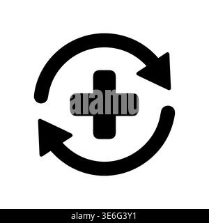 Medical cross symbol with circular arrows, black and white icon Stock Vector