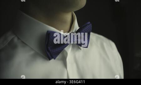 Man adjusting bow tie. Clip. Close-up of young man in white shirt adjusting his bowtie while standing Stock Photo
