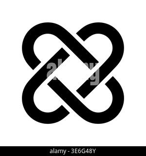 Seamless interwoven heart knot, black silhouette on white background Stock Vector