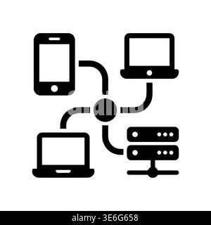 Network connection of devices server laptop phone black glyph icon Stock Vector