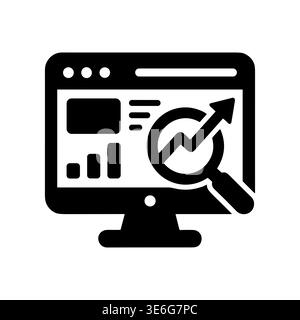 Monitor with magnifying glass showing an upward trending chart black icon Stock Vector