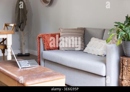 Light gray sofa occupying center of living room, displaying textured pillows, rust throw and laptop Stock Photo