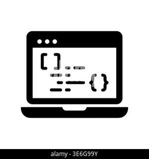Laptop displaying programming code, software development concept, glyph style icon Stock Vector