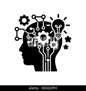 Artificial intelligence concept, head with gears and circuits black glyph Stock Vector