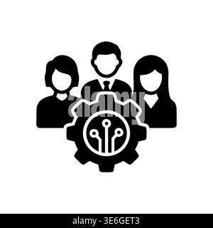 Teamwork with technology, AI, and automation, vector black glyph icon Stock Vector