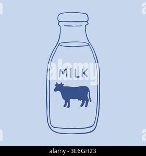 Hand drawn vector of a traditional glass milk bottle with a metal screw cap and dark blue liquid inside. Clean line art illustration featuring a Stock Vector