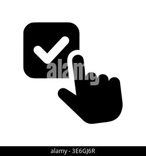 Black and white finger pressing check mark in square icon Stock Vector