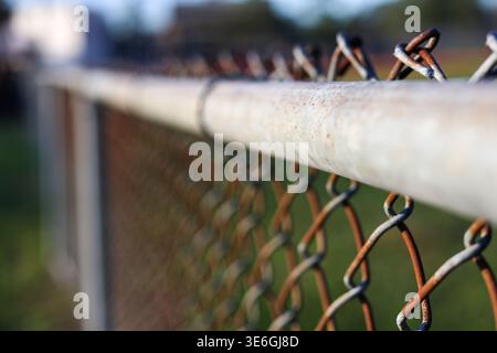 Close-Up of Rusted Chain Link Fence with Shallow Depth of Field and Strong Perspective Stock Photo