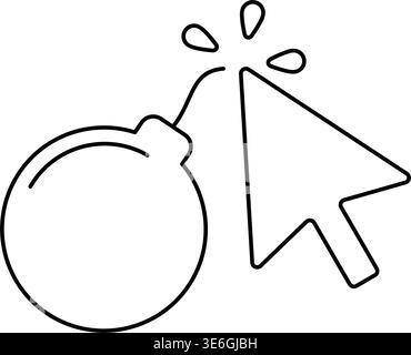 Mouse pointer clicking on the fuse of a cartoon style bomb icon for phishing or cybersecurity concepts outline vector Stock Vector