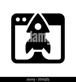 Website with Rocket Launching, Startup Concept Icon in Black Glyph Stock Vector