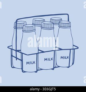 Hand drawn vector of a metal wire milk carrier with six traditional glass bottles inside. Rustic line art illustration for dairy delivery services and Stock Vector