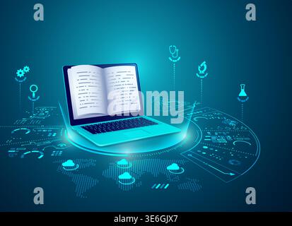 concept of e-learning technology, graphic of realistic computer notebook with book's pages as screen Stock Vector
