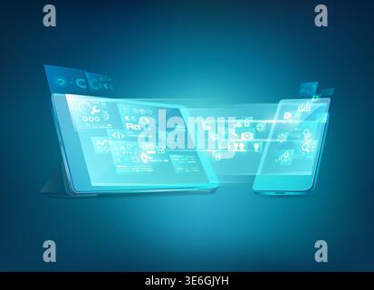 concept of cross-platform technology on devices or internet of things - IOT, graphic of tablet and mobile phone with futuristic element Stock Vector
