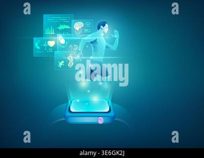 concept of smart watch for medical technology, man running with application on device with healthcare interface Stock Vector