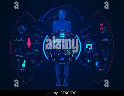 concept of orthopedic analysis technology, graphic of female with pelvis and body scan Stock Vector
