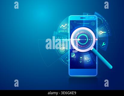 concept of search engine optimization strategy or SEO, realistic magnifying glass with digital marketing icons Stock Vector