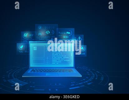 concept of web development technology, graphic of computer notebook with digital futuristic element Stock Vector