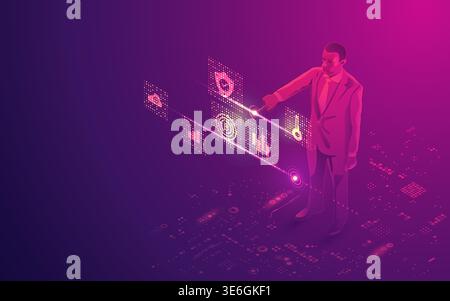 concept of business technology advancement, businessman with futuristic finance interface presented in isometric Stock Vector