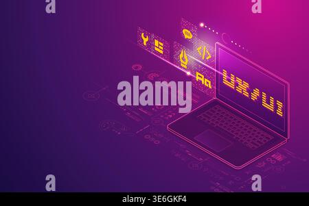 concept of UX UI development, computer laptop with digital technology element presented in isometric Stock Vector