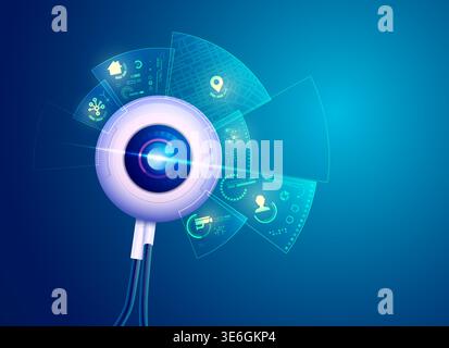 concept of surveillance technology, graphic of robotic eye with scanning interface Stock Vector