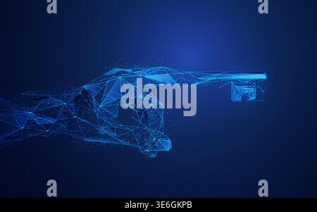 concept of machine learning or digital tranformation, wireframe hand pionting with key finger Stock Vector
