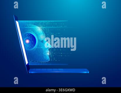 cocept of machine learning or artificial intelligence technology, graphic of computer laptop with robot face and binary script Stock Vector