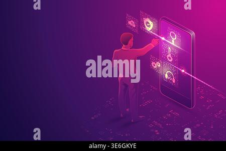 concept of augmented reality technology or mobile application, graphic of a man using futuristic interface Stock Vector