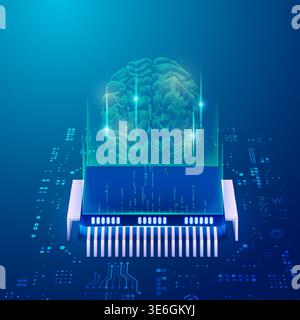 concept of AI in big data technology or quantum computing, microchip and artificial intelligence brain with futuristic element Stock Vector