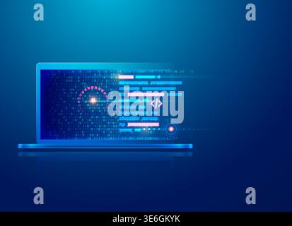 concept of programming script development, graphic of computer laptop with binary code and digital element Stock Vector
