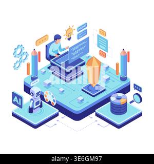 Isometric Person Using AI Prompt Engineering for Digital Content Creation. AI Prompt Engineering Concept Stock Vector
