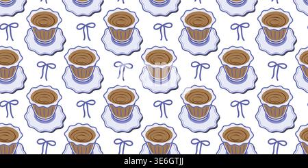 Mediterranean hand drawn style coffee cup on saucer and tied bowknot Seamless Pattern Banner Format. Isolated Vector illustration Coffee mood Themed Card Background Promo Banner, leaflets, labels, tag Stock Vector