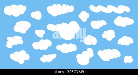 abstract shape organic cloud figure in kids comic style. White blob element on blue background. Cute liquid geometric sticker pack. Stock Vector