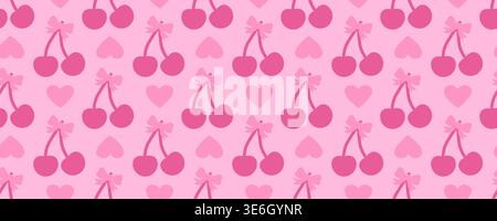 Retro Pink Cherry Bow Heart Seamless Pattern Playful Girly Background Stock Vector