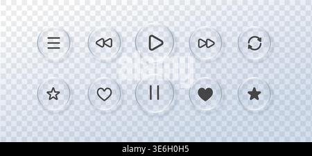 Set Glass play liquid and button glassmorphism bubble with player effect music. Heart icon symbol and glass shape video with texture set play Stock Vector