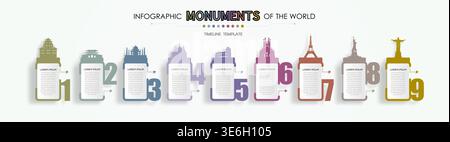 Travel landmark infographic world monument template, Modern infographics timeline template design with monuments icons. Travel landmarks world with 9 Stock Vector