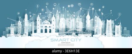 Technology wireless network communication smart city travel architecture in Panama south america downtown skyline with icon, symbol technology, Vector Stock Vector