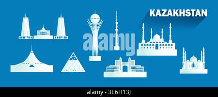 Travel landmarks Kazakhstan with isolated silhouette architecture on blue background, Kazakhstan architecture icon and symbol with tour asia landmark Stock Vector