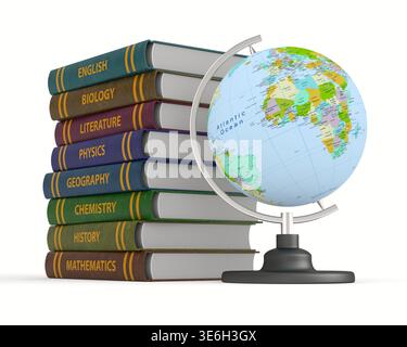 Pile books and globe on white background. Isolated 3D illustration Stock Photo