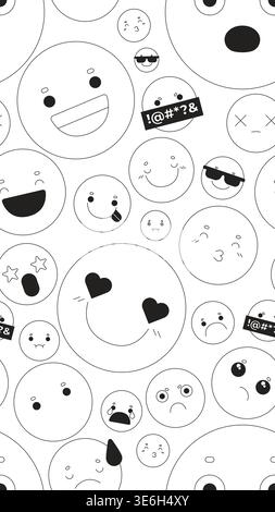 Cute emojis black and white vertical repeating pattern Stock Vector