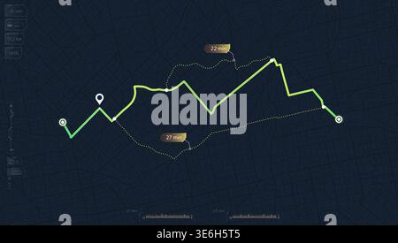 Digital map navigation showing primary green route and alternative paths with time estimates on dark UI. Vector illustration. Stock Vector