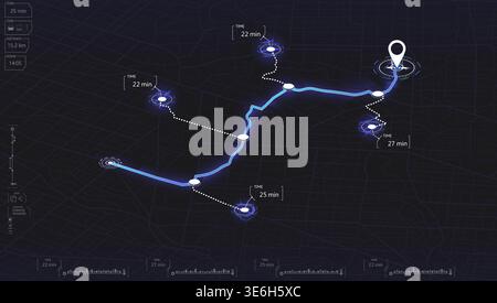 Isometric GPS navigation interface with glowing route path and location markers on dark city map. Vector illustration. Stock Vector