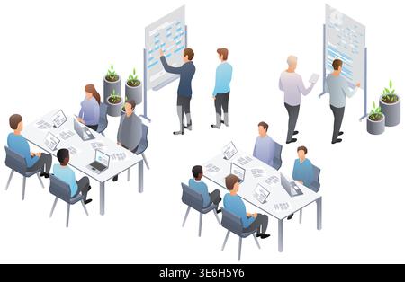 Isometric business training workshop with employees studying data on whiteboards and laptops. Vector illustration. Stock Vector