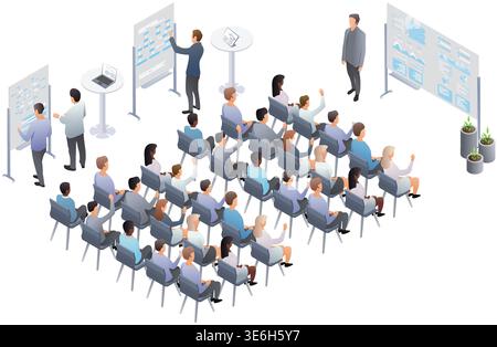 Large group of business people attending corporate seminar or training session with presenter and data charts. Vector illustration Stock Vector