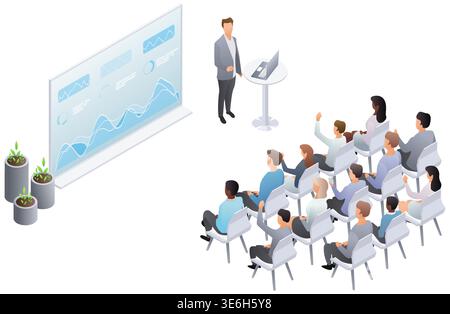 Isometric business presentation scene with speaker showing financial data charts to audience in seminar room. Vector illustration. Stock Vector