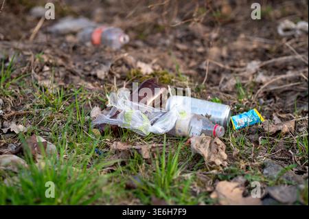 Discarded plastic bottles, aluminum can, and bag on the ground in woodland. Trash left by people in nature. Concept of environmental protection, ecolo Stock Photo