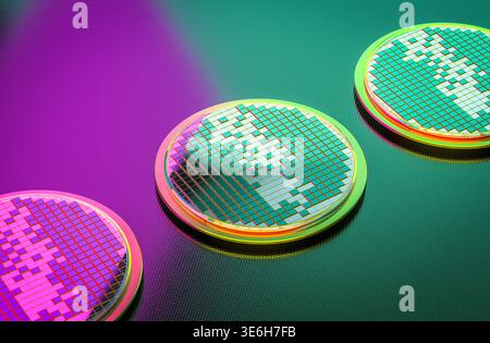3d rendering silicon wafer plates for semiconductor manufacturing Stock Photo