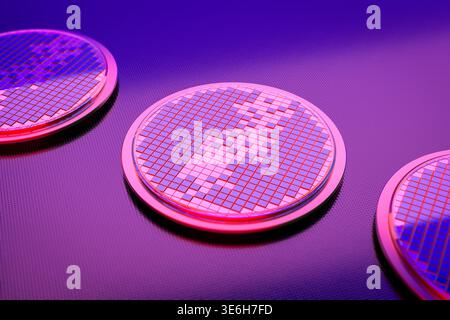 3d rendering silicon wafer plates for semiconductor manufacturing Stock Photo
